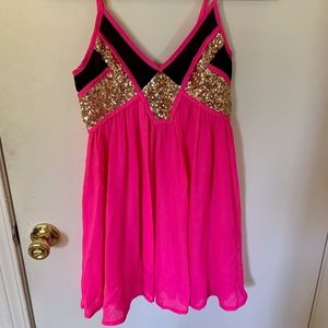 Sequined Empire Babydoll dress in Hot pink